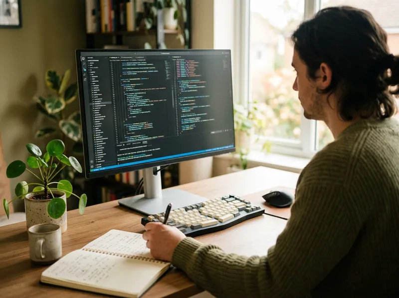 Desarrollador revisando código en monitor con libreta de notas